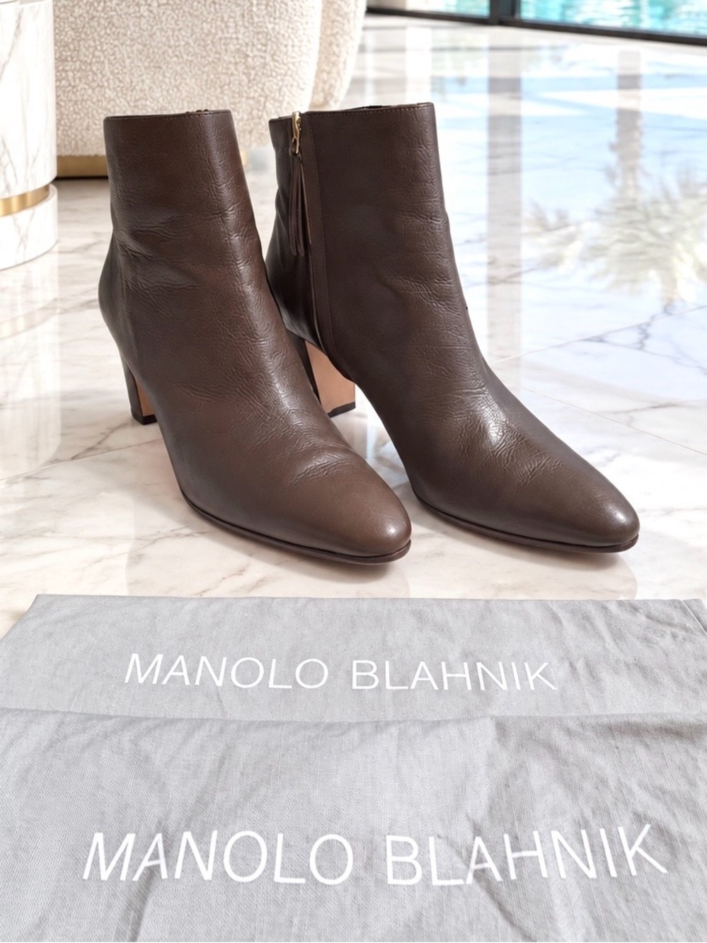 Manolo Blahnik Brown Leather Pointed Ankle Boots